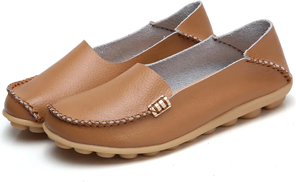 WERWAES Women's Comfortable Leather Slippers Flat Slippers Casual Round Toe Moccasin Shoes Wild Walking Nurse Breathable Driving Fashion Soft Shoes
