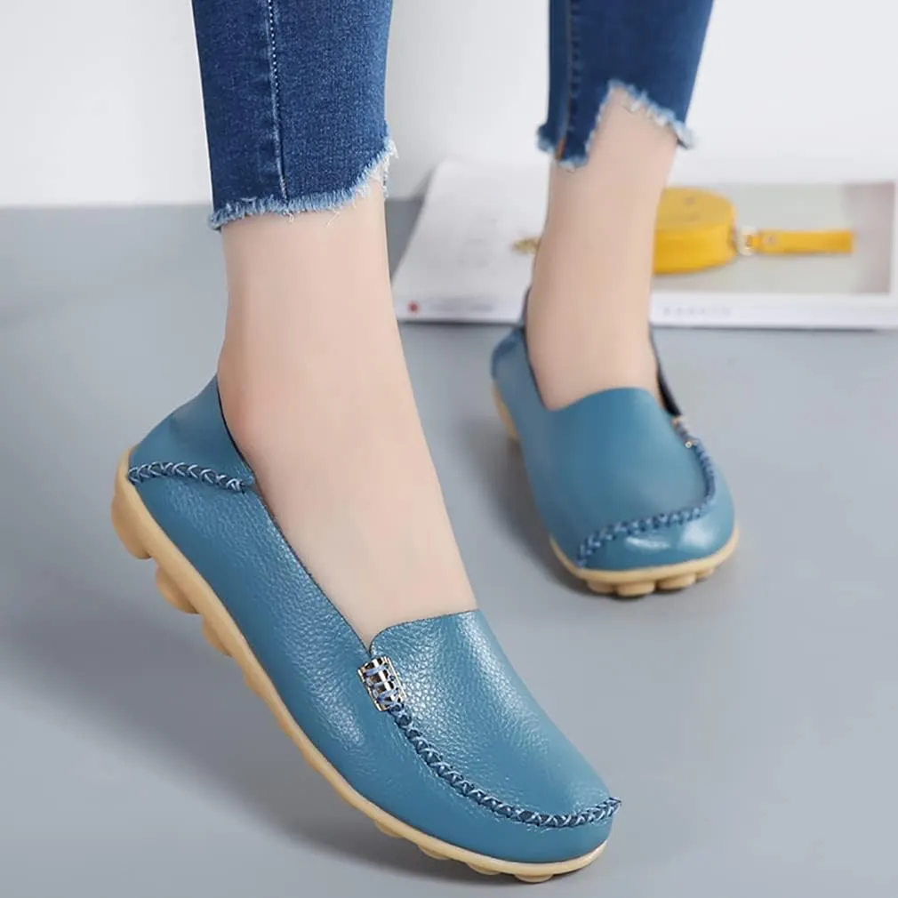 WERWAES Women's Comfortable Leather Slippers Flat Slippers Casual Round Toe Moccasin Shoes Wild Walking Nurse Breathable Driving Fashion Soft Shoes