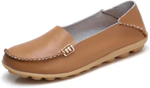 WERWAES Women's Comfortable Leather Slippers Flat Slippers Casual Round Toe Moccasin Shoes Wild Walking Nurse Breathable Driving Fashion Soft Shoes