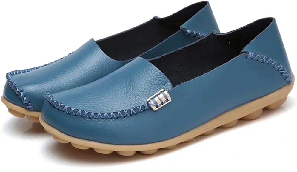 WERWAES Women's Comfortable Leather Slippers Flat Slippers Casual Round Toe Moccasin Shoes Wild Walking Nurse Breathable Driving Fashion Soft Shoes