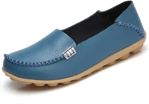 WERWAES Women's Comfortable Leather Slippers Flat Slippers Casual Round Toe Moccasin Shoes Wild Walking Nurse Breathable Driving Fashion Soft Shoes