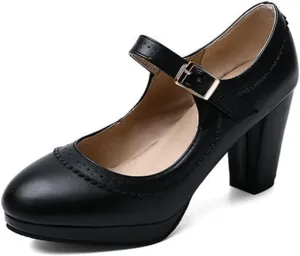 Women Chunky High Heel Mary Janes Pumps Platform Round Toe Buckle Ankle Strap Dress Oxford Shoes