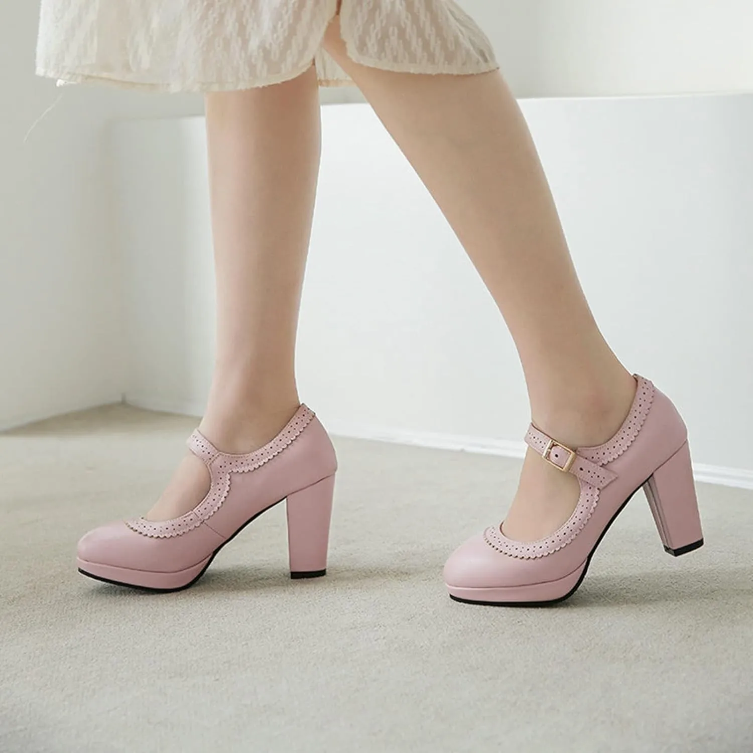 Women Chunky High Heel Mary Janes Pumps Platform Round Toe Buckle Ankle Strap Dress Oxford Shoes