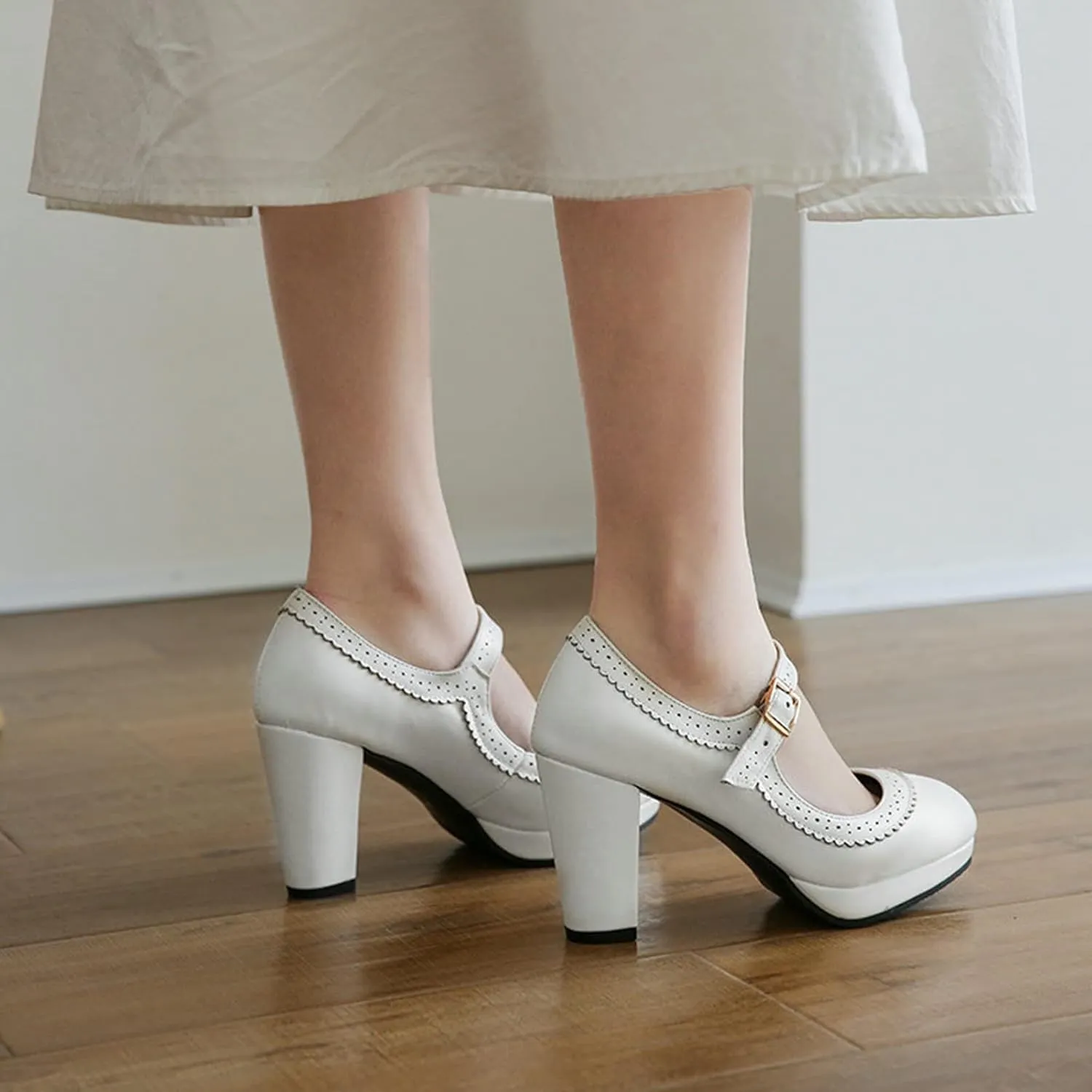 Women Chunky High Heel Mary Janes Pumps Platform Round Toe Buckle Ankle Strap Dress Oxford Shoes