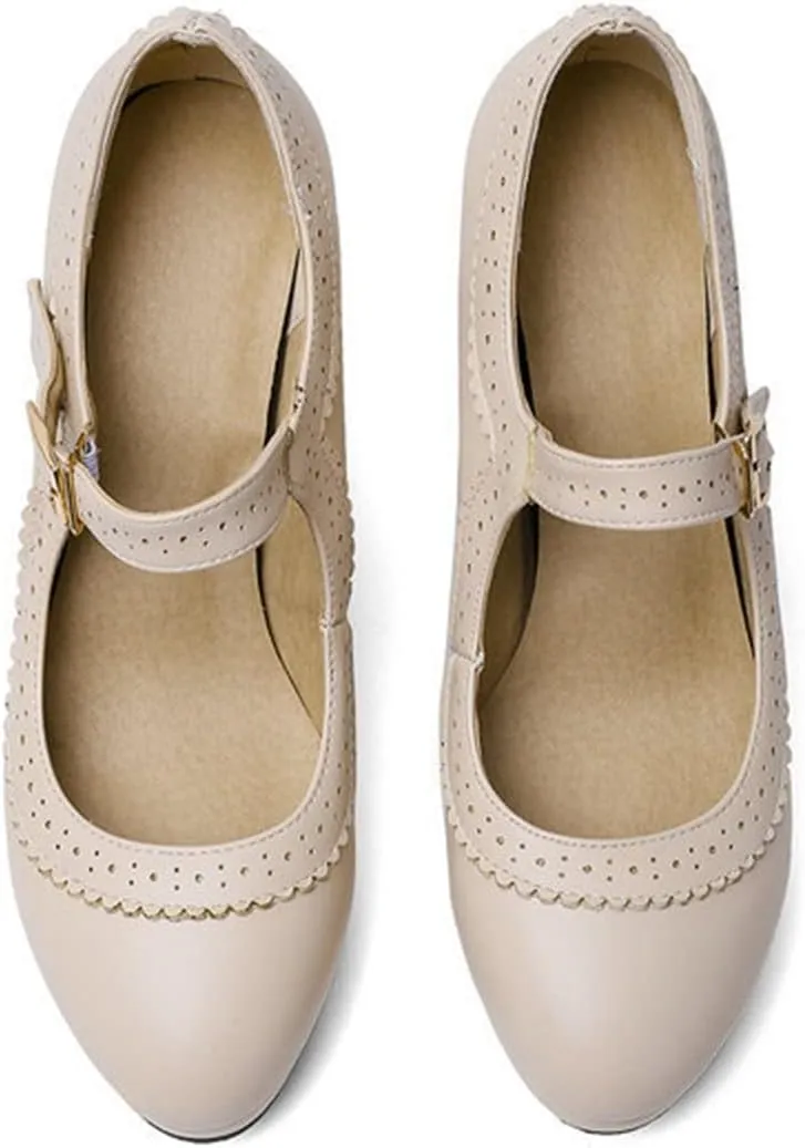 Women Chunky High Heel Mary Janes Pumps Platform Round Toe Buckle Ankle Strap Dress Oxford Shoes
