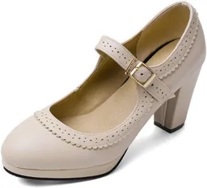 Women Chunky High Heel Mary Janes Pumps Platform Round Toe Buckle Ankle Strap Dress Oxford Shoes
