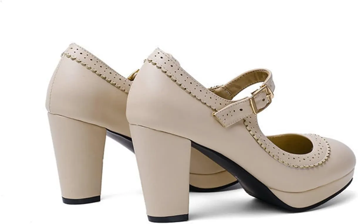 Women Chunky High Heel Mary Janes Pumps Platform Round Toe Buckle Ankle Strap Dress Oxford Shoes