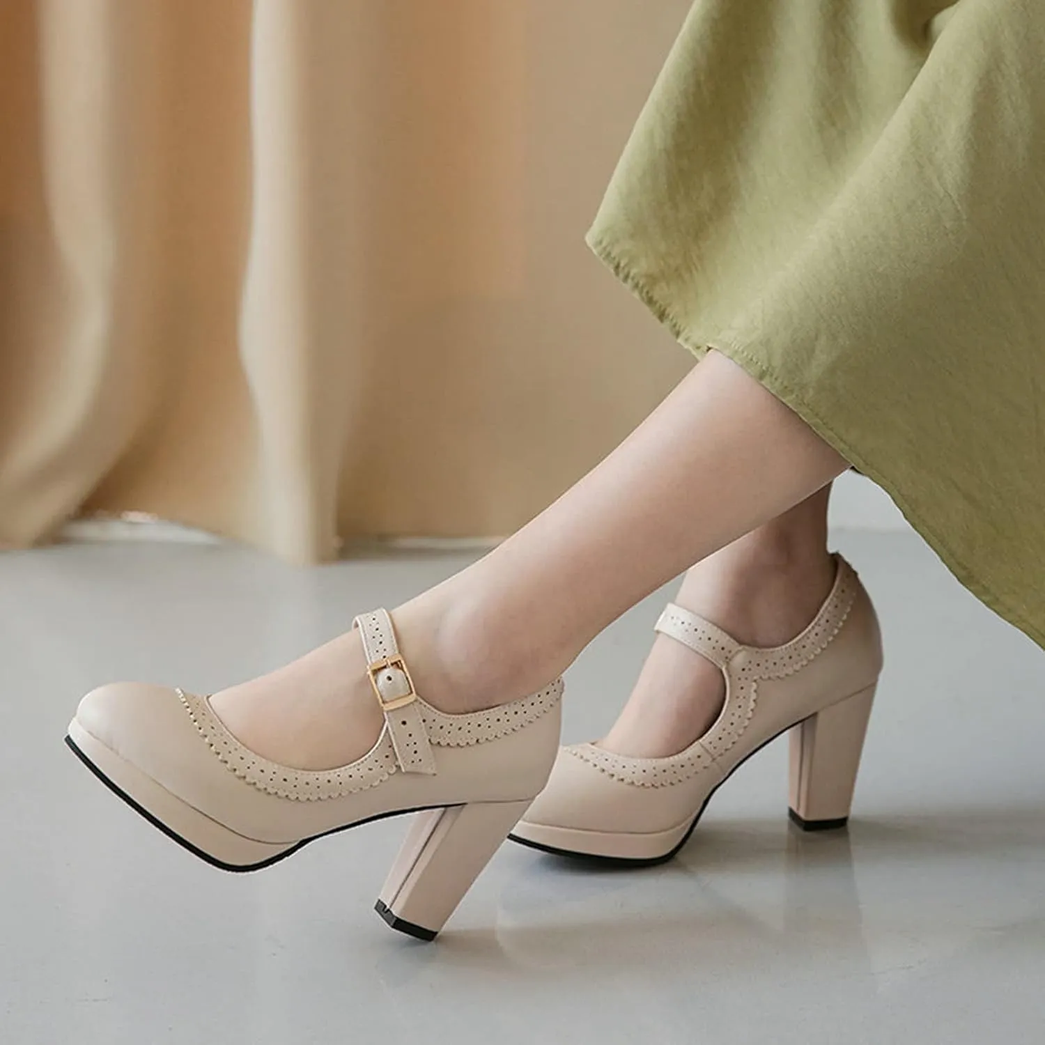 Women Chunky High Heel Mary Janes Pumps Platform Round Toe Buckle Ankle Strap Dress Oxford Shoes
