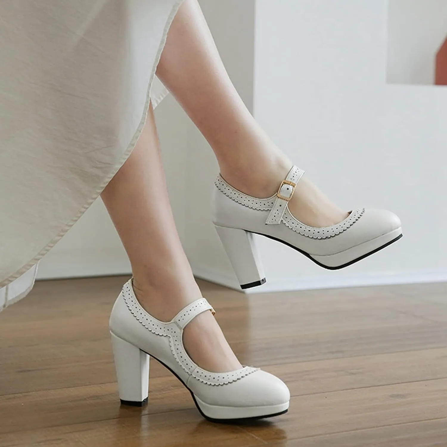 Women Chunky High Heel Mary Janes Pumps Platform Round Toe Buckle Ankle Strap Dress Oxford Shoes