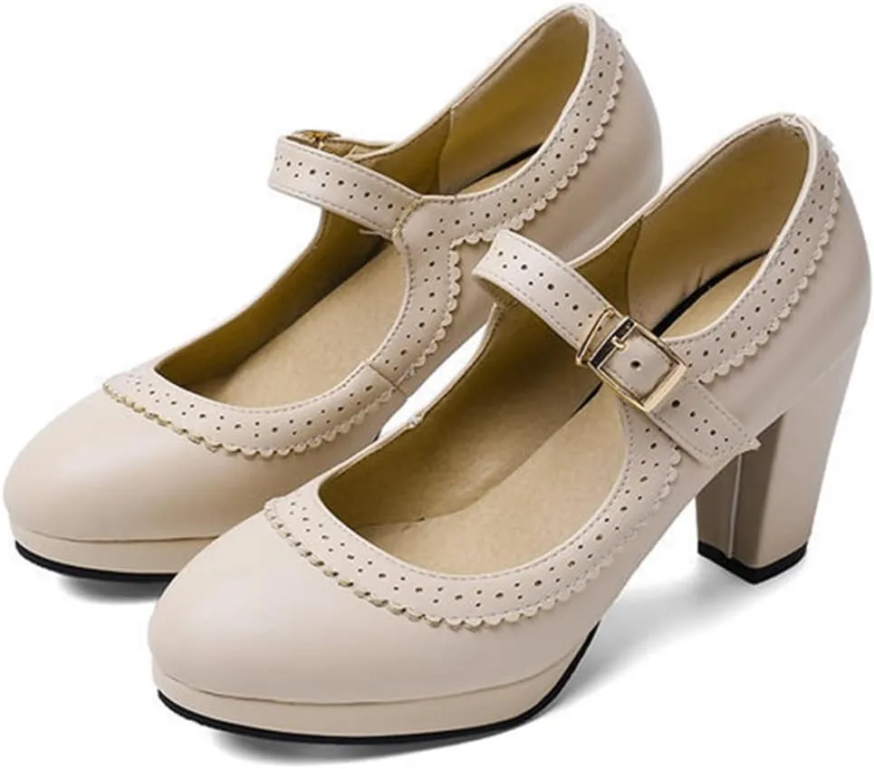 Women Chunky High Heel Mary Janes Pumps Platform Round Toe Buckle Ankle Strap Dress Oxford Shoes