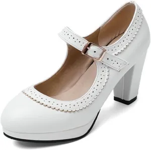 Women Chunky High Heel Mary Janes Pumps Platform Round Toe Buckle Ankle Strap Dress Oxford Shoes