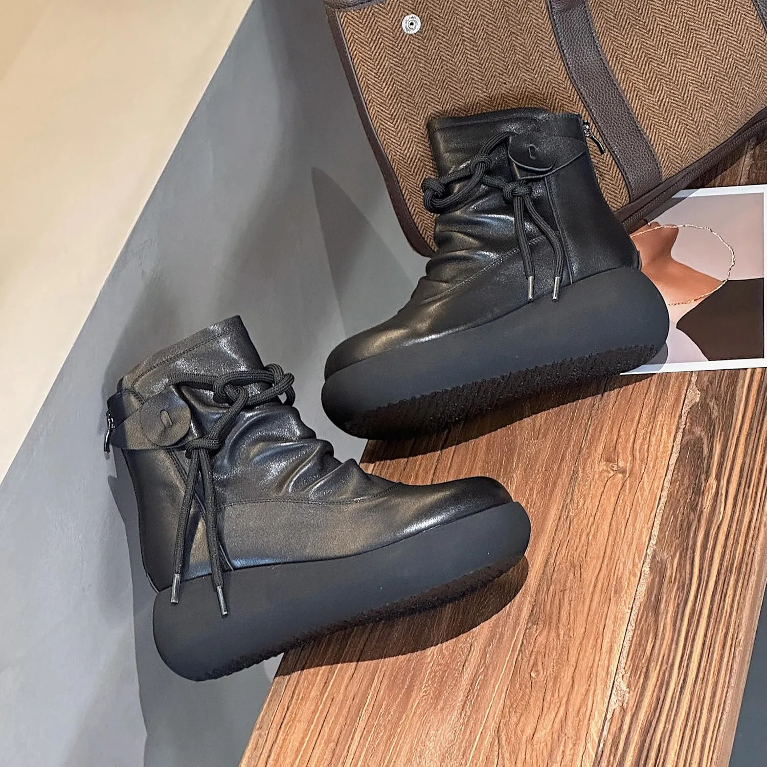 Women High Top Ankle Boots Platform Leather Boots for Women