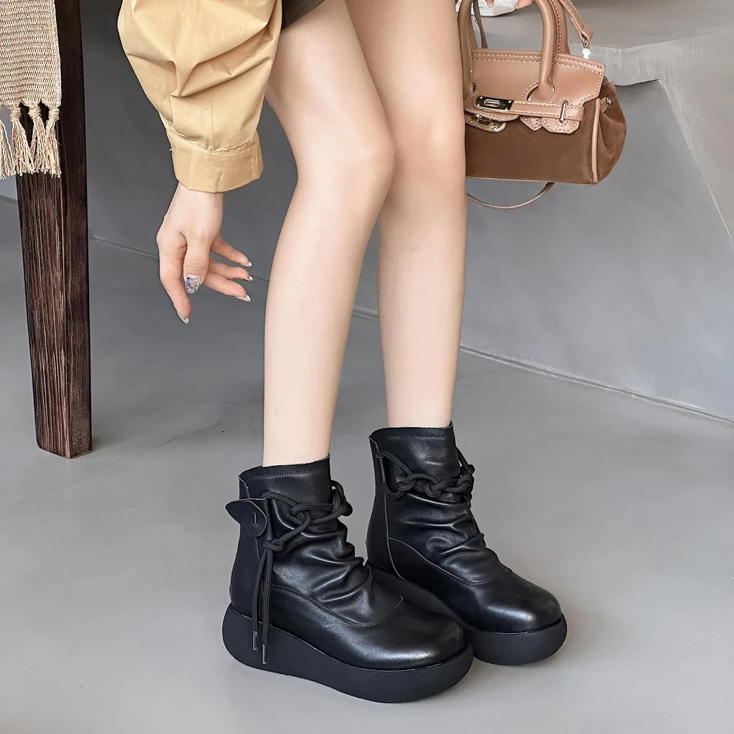 Women High Top Ankle Boots Platform Leather Boots for Women