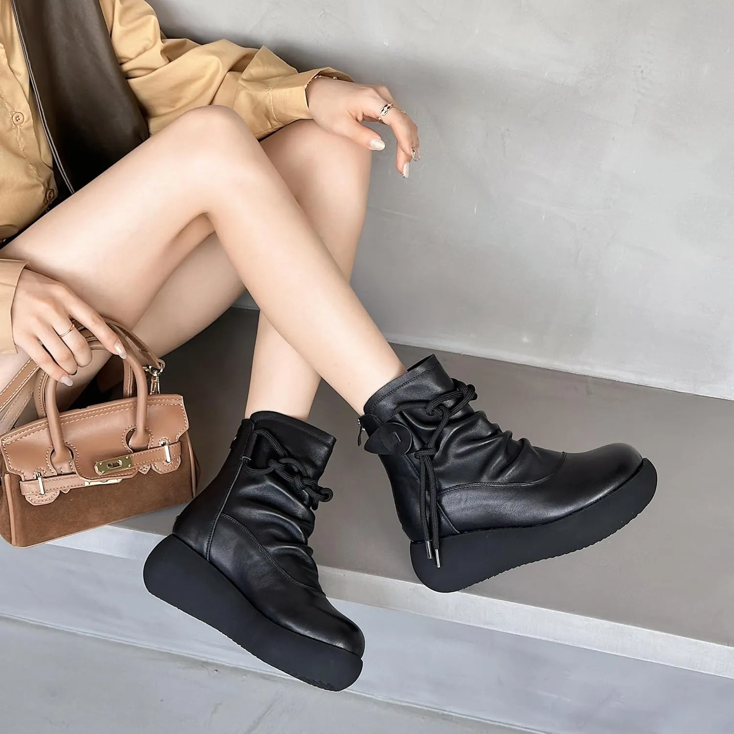Women High Top Ankle Boots Platform Leather Boots for Women