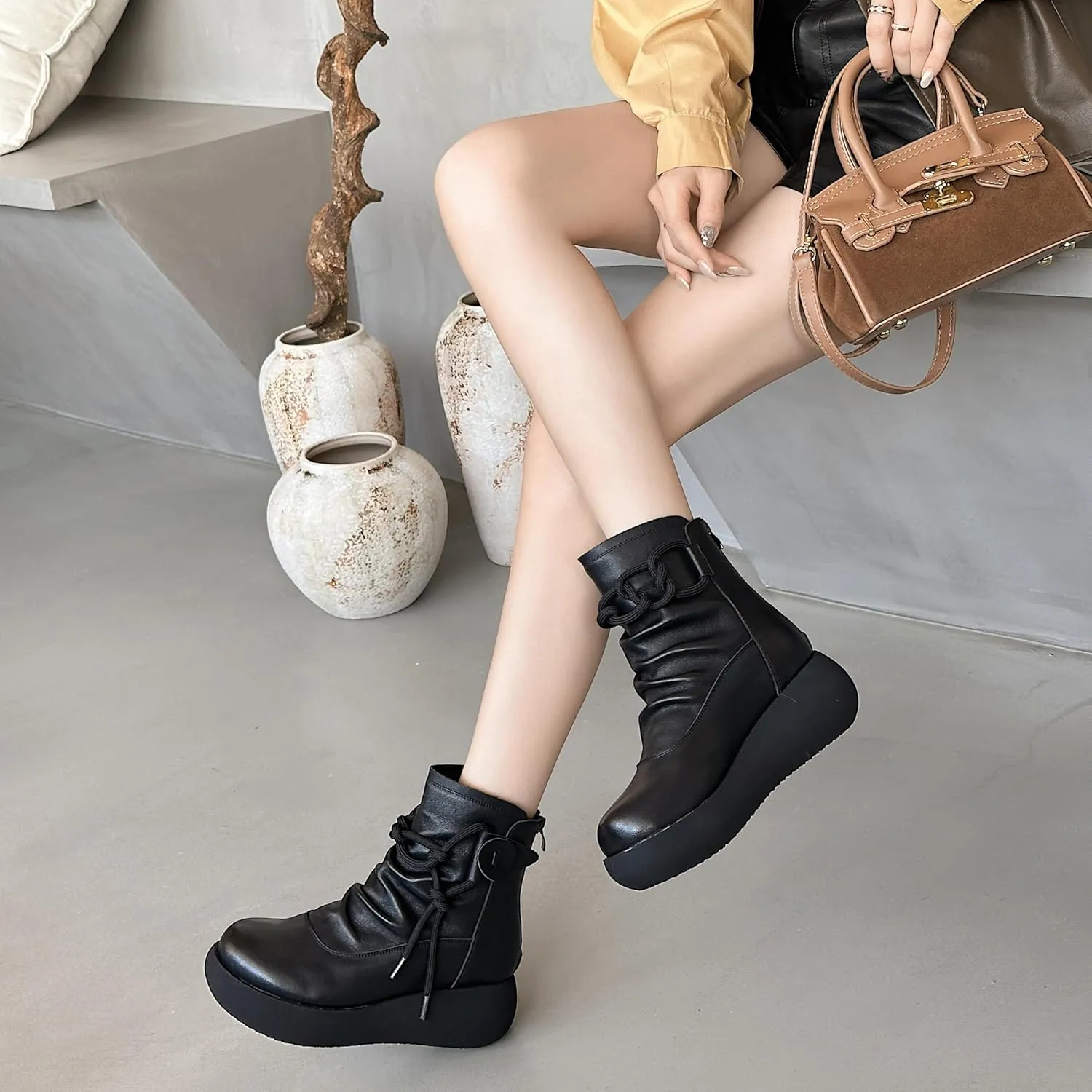 Women High Top Ankle Boots Platform Leather Boots for Women