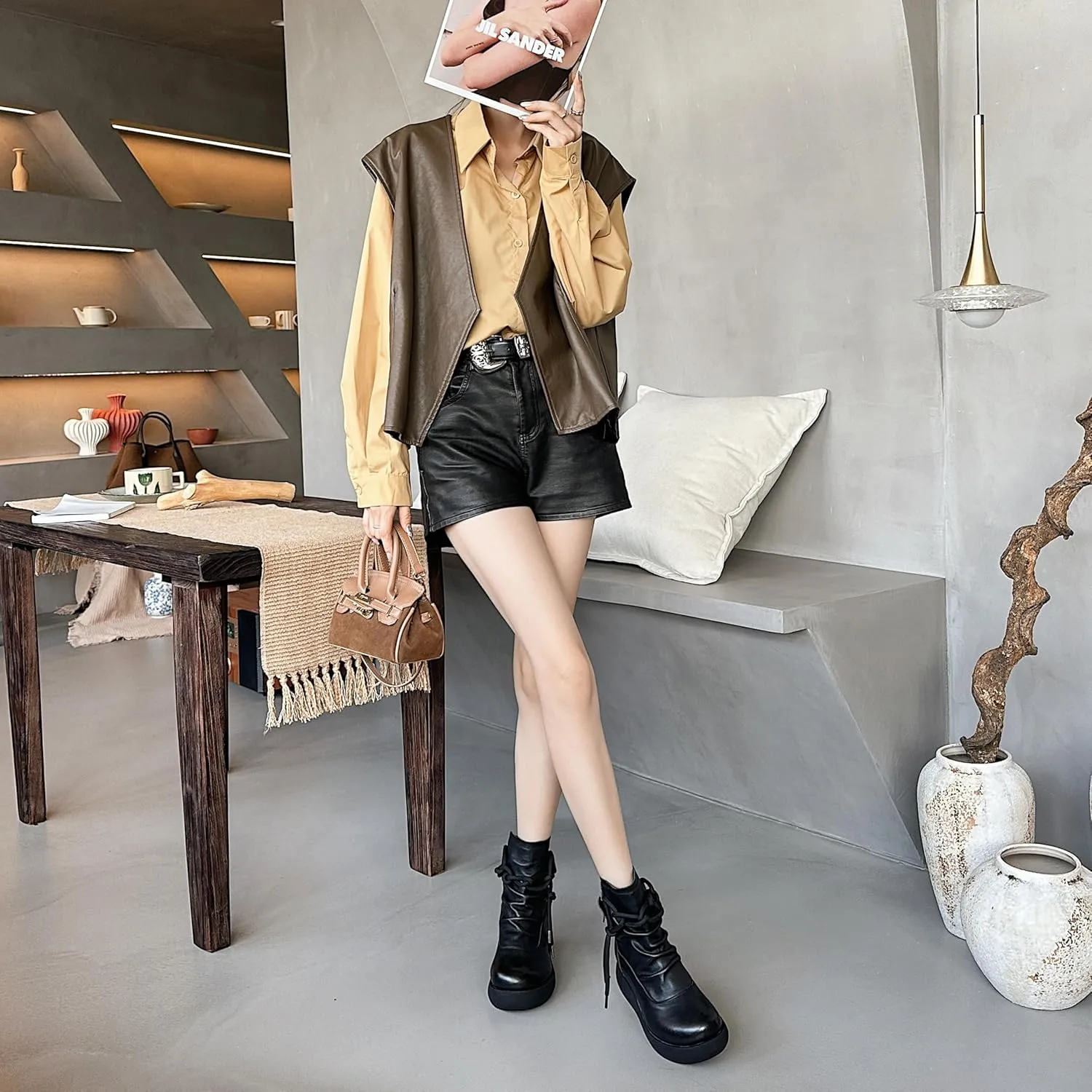 Women High Top Ankle Boots Platform Leather Boots for Women