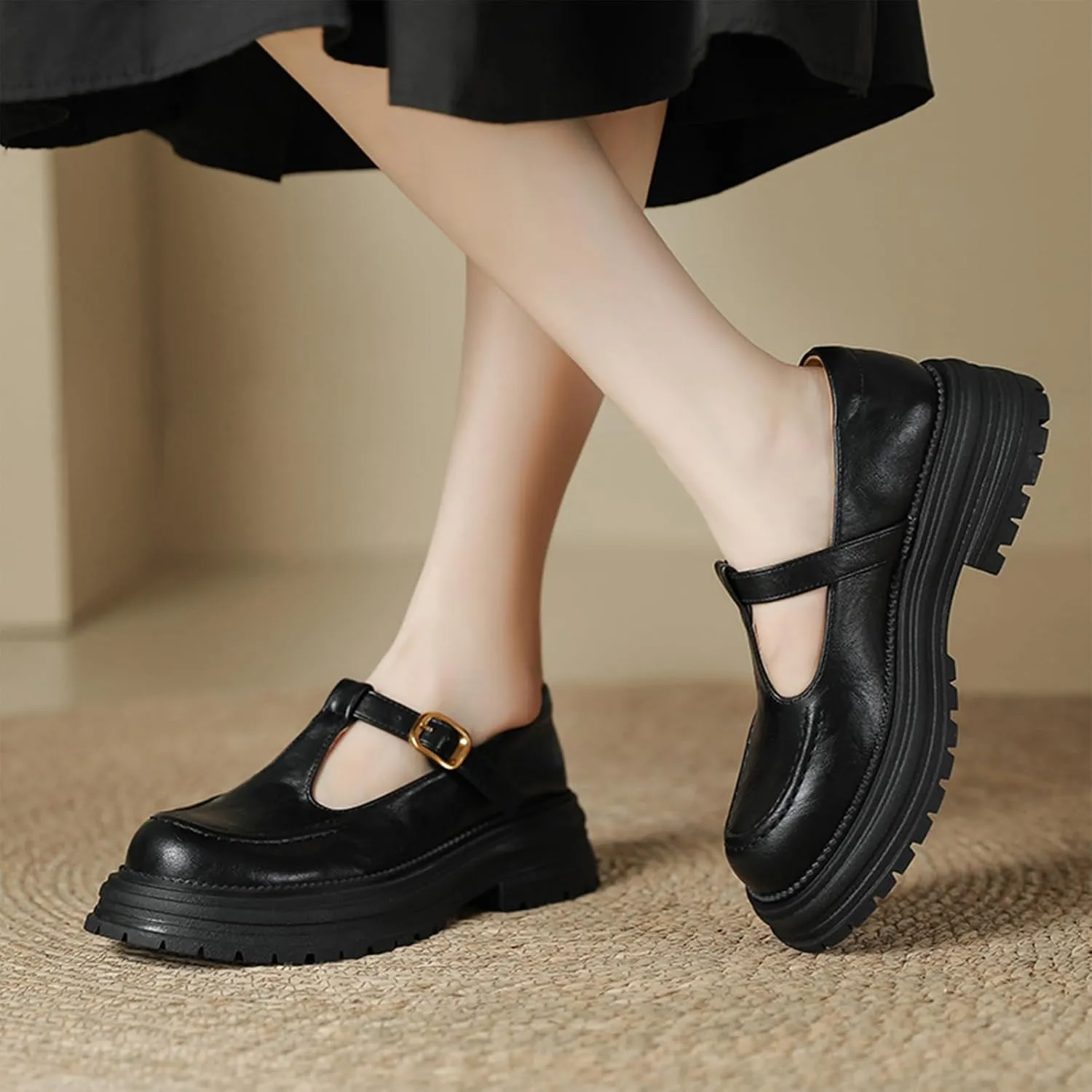Women's Chunky Heel T-Strap Mary Jane Shoes Round Toe Platform Anti-Slip Lug Sole Adjustable Ankle Strap Dress Shoes for Work Weddings & Daily Wear