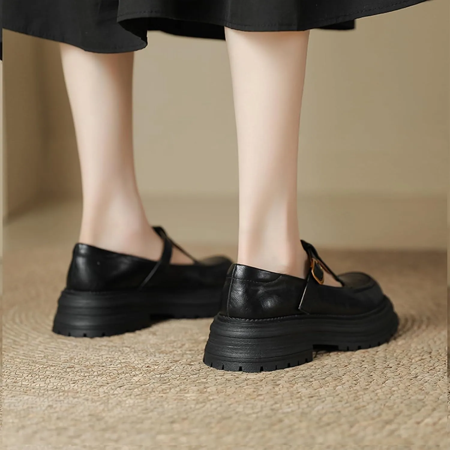 Women's Chunky Heel T-Strap Mary Jane Shoes Round Toe Platform Anti-Slip Lug Sole Adjustable Ankle Strap Dress Shoes for Work Weddings & Daily Wear