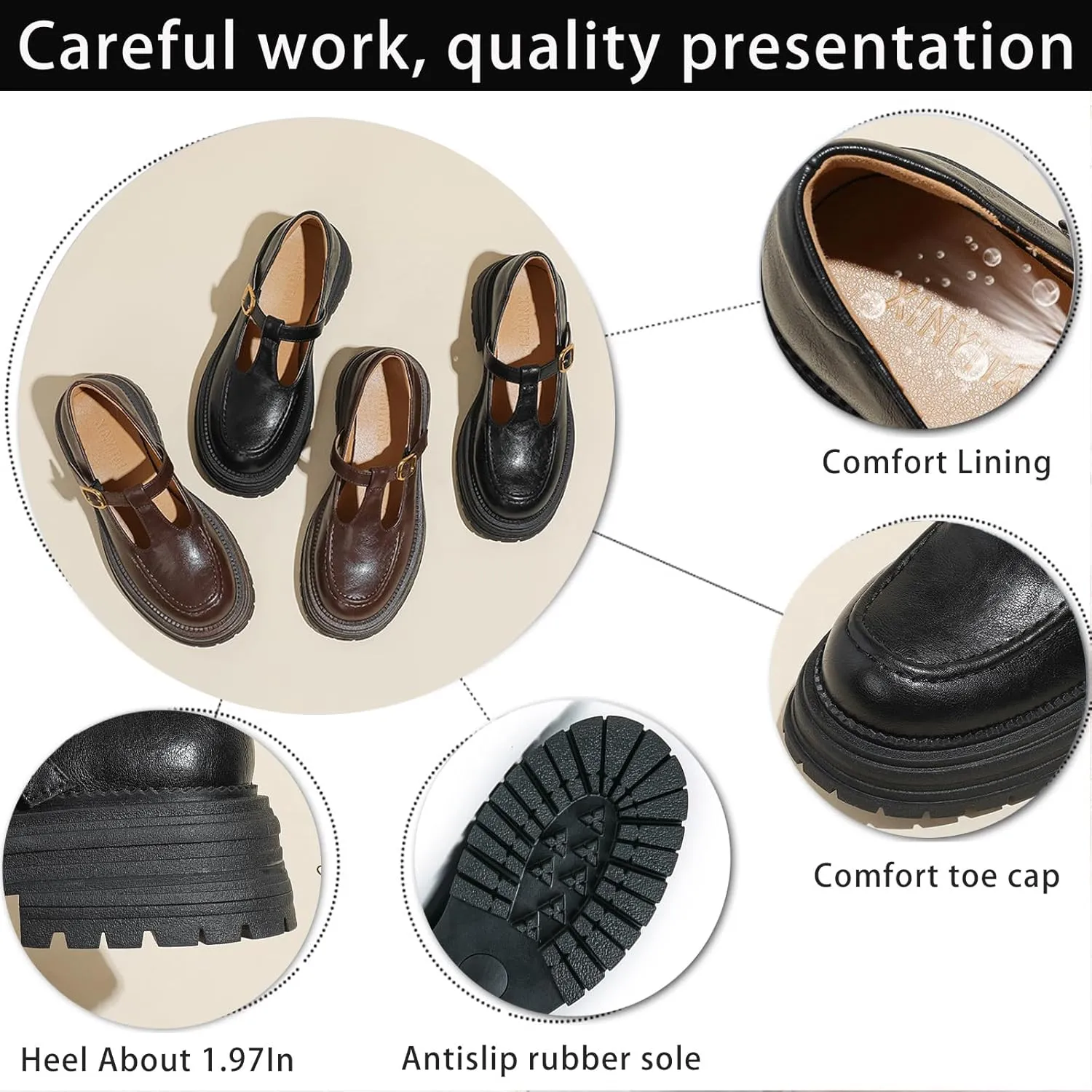 Women's Chunky Heel T-Strap Mary Jane Shoes Round Toe Platform Anti-Slip Lug Sole Adjustable Ankle Strap Dress Shoes for Work Weddings & Daily Wear