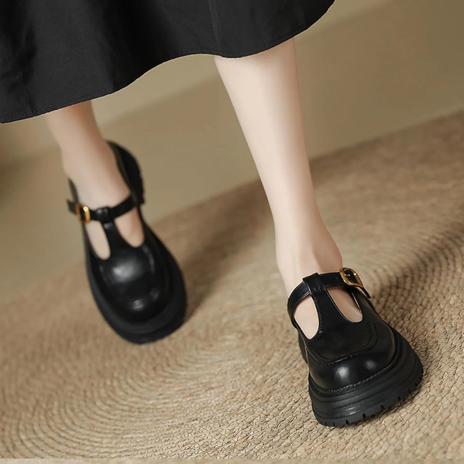 Women's Chunky Heel T-Strap Mary Jane Shoes Round Toe Platform Anti-Slip Lug Sole Adjustable Ankle Strap Dress Shoes for Work Weddings & Daily Wear
