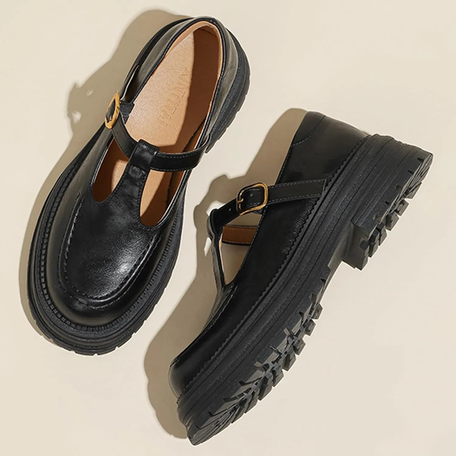 Women's Chunky Heel T-Strap Mary Jane Shoes Round Toe Platform Anti-Slip Lug Sole Adjustable Ankle Strap Dress Shoes for Work Weddings & Daily Wear