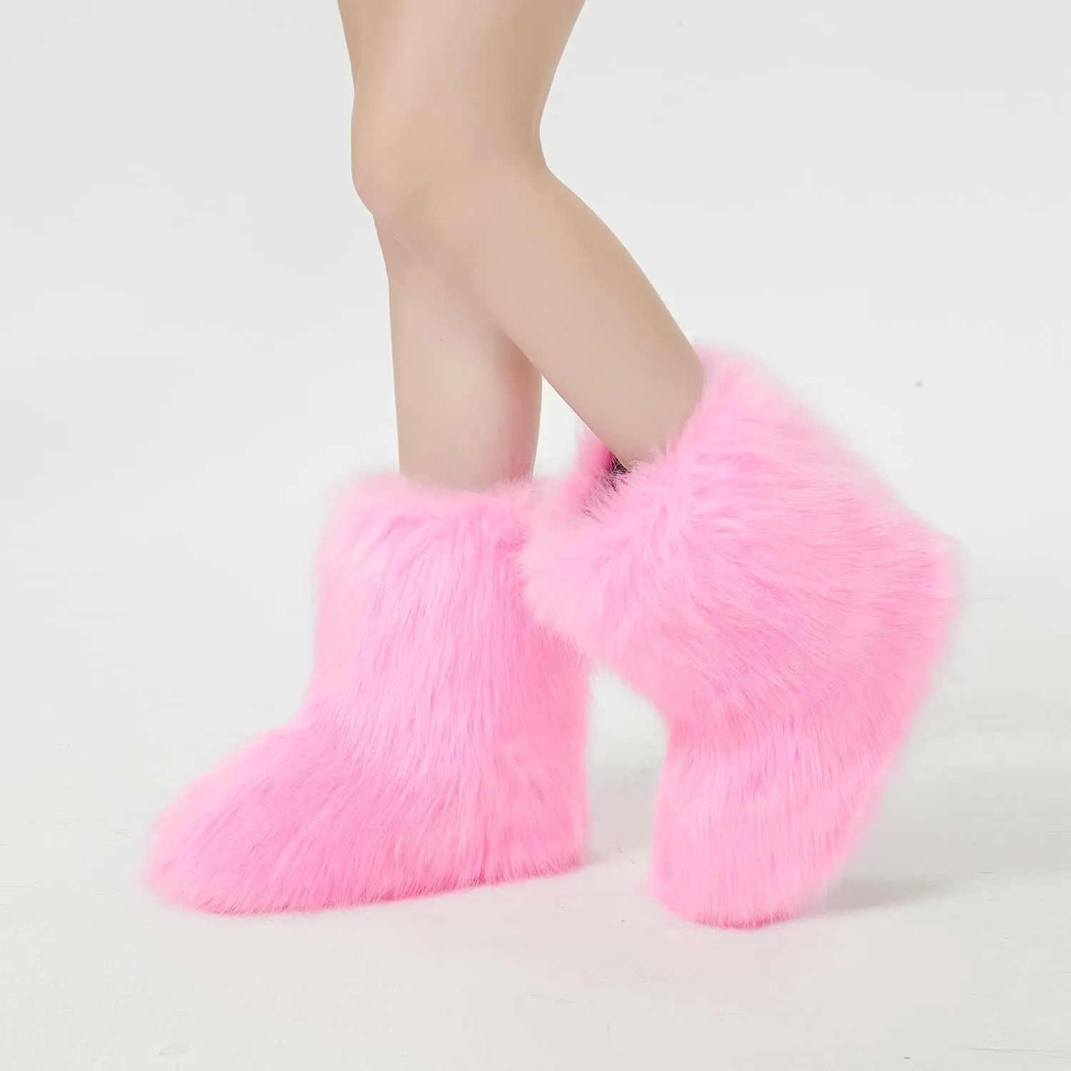 Women's Faux Fur Boots Furry Snow Boots Fuzzy Winter Shoes Fluffy Mid-Calf Flat Boots