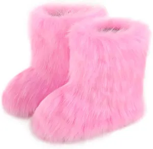Women's Faux Fur Boots Furry Snow Boots Fuzzy Winter Shoes Fluffy Mid-Calf Flat Boots