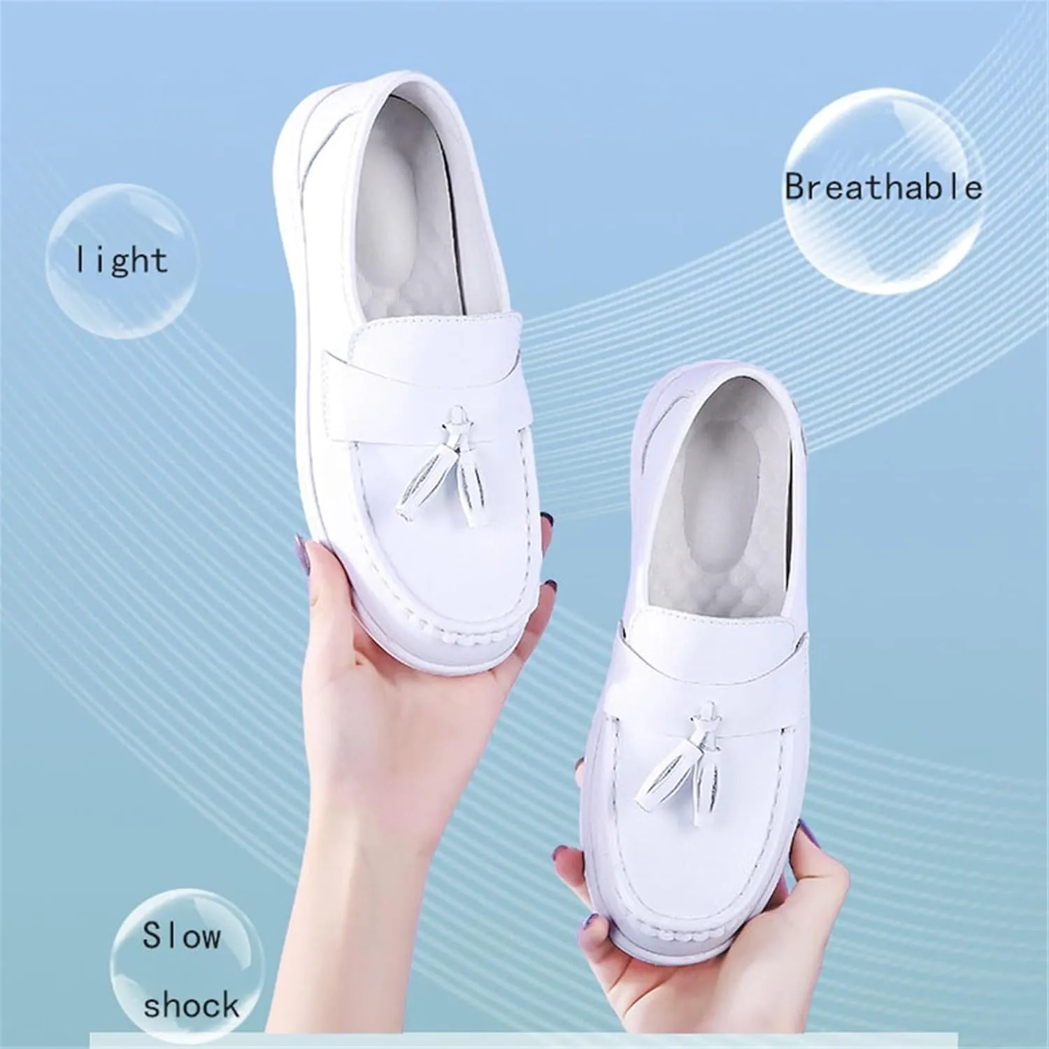 Women's Flat Moccasins, Womens Slip-On Casual Comfortable Breathable White Leather Nurse Shoes, Casual Non Tiring Feet Air Cushion with Arch Support, for Hospital Work,Teacher
