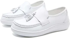 Women's Flat Moccasins, Womens Slip-On Casual Comfortable Breathable White Leather Nurse Shoes, Casual Non Tiring Feet Air Cushion with Arch Support, for Hospital Work,Teacher