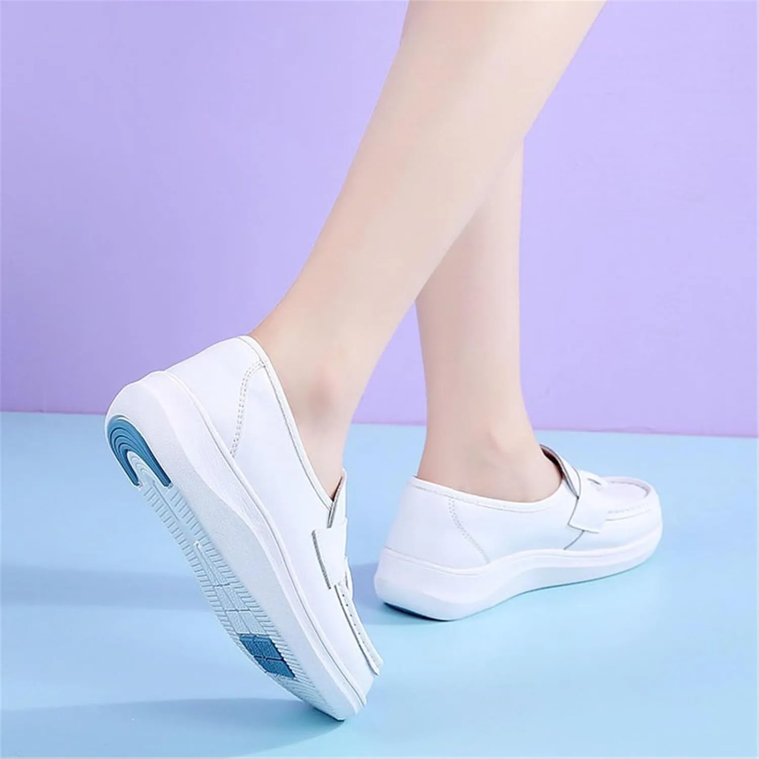 Women's Flat Moccasins, Womens Slip-On Casual Comfortable Breathable White Leather Nurse Shoes, Casual Non Tiring Feet Air Cushion with Arch Support, for Hospital Work,Teacher