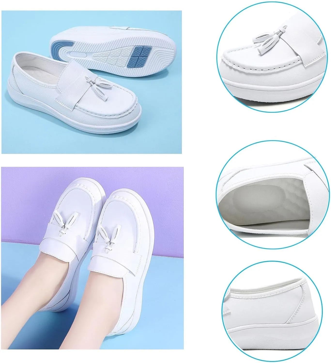 Women's Flat Moccasins, Womens Slip-On Casual Comfortable Breathable White Leather Nurse Shoes, Casual Non Tiring Feet Air Cushion with Arch Support, for Hospital Work,Teacher