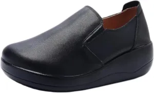 Women's Leather Platform Wedge Rocker Walking Shoes Wide Round Toe Slip-On Arch Support Lightweight Sneakers Comfortable Non-Slip Soft Bottom Fashion Mom Loafers