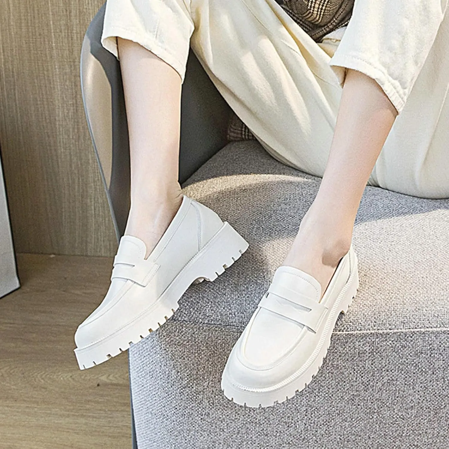Womens Lug Sole Platform Mid Chunky Heel Loafers Classic Round Toe Slip On Office Uniform Oxfords Shoes