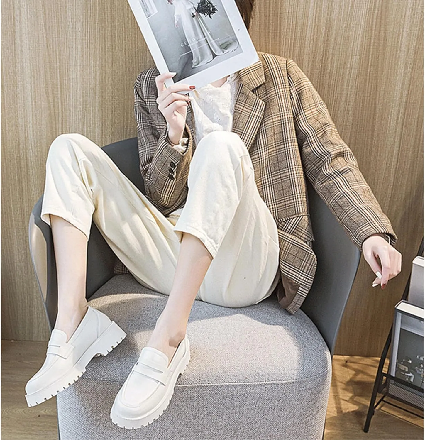 Womens Lug Sole Platform Mid Chunky Heel Loafers Classic Round Toe Slip On Office Uniform Oxfords Shoes
