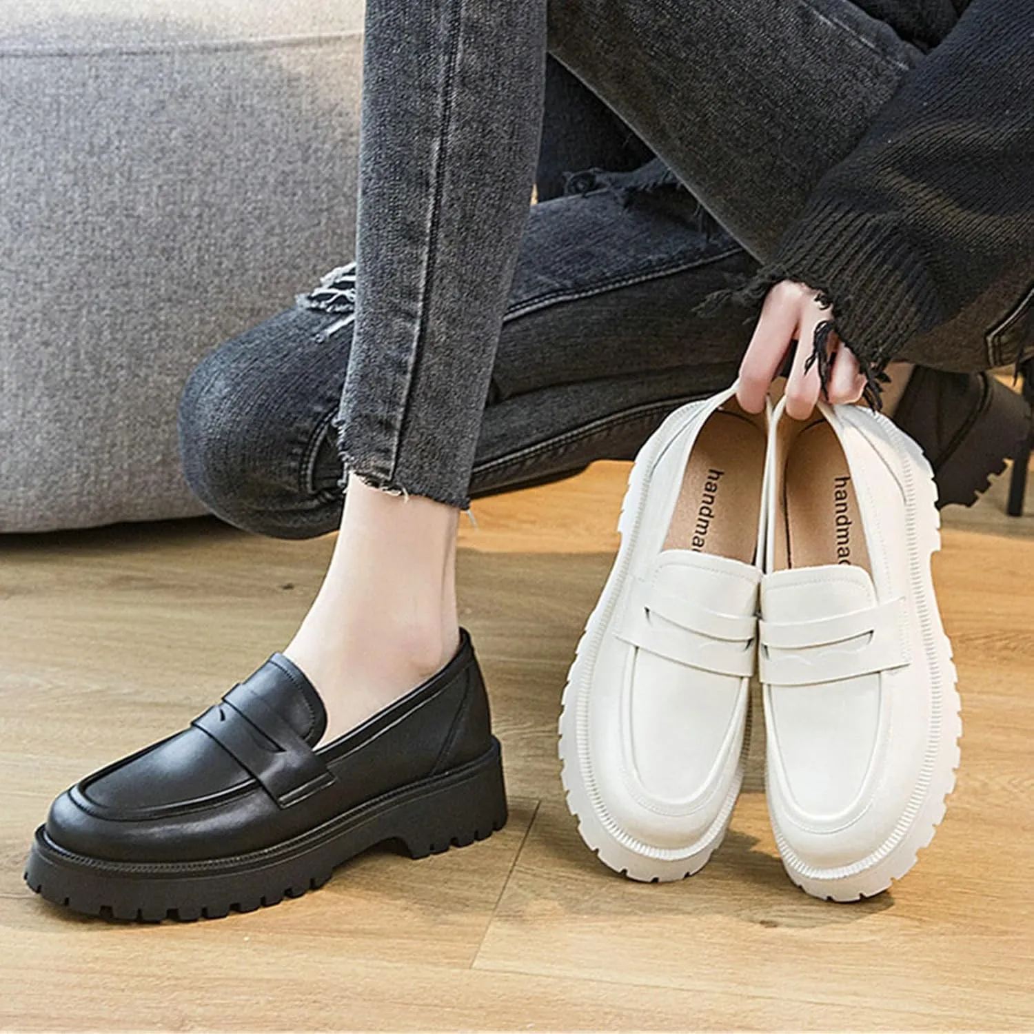 Womens Lug Sole Platform Mid Chunky Heel Loafers Classic Round Toe Slip On Office Uniform Oxfords Shoes