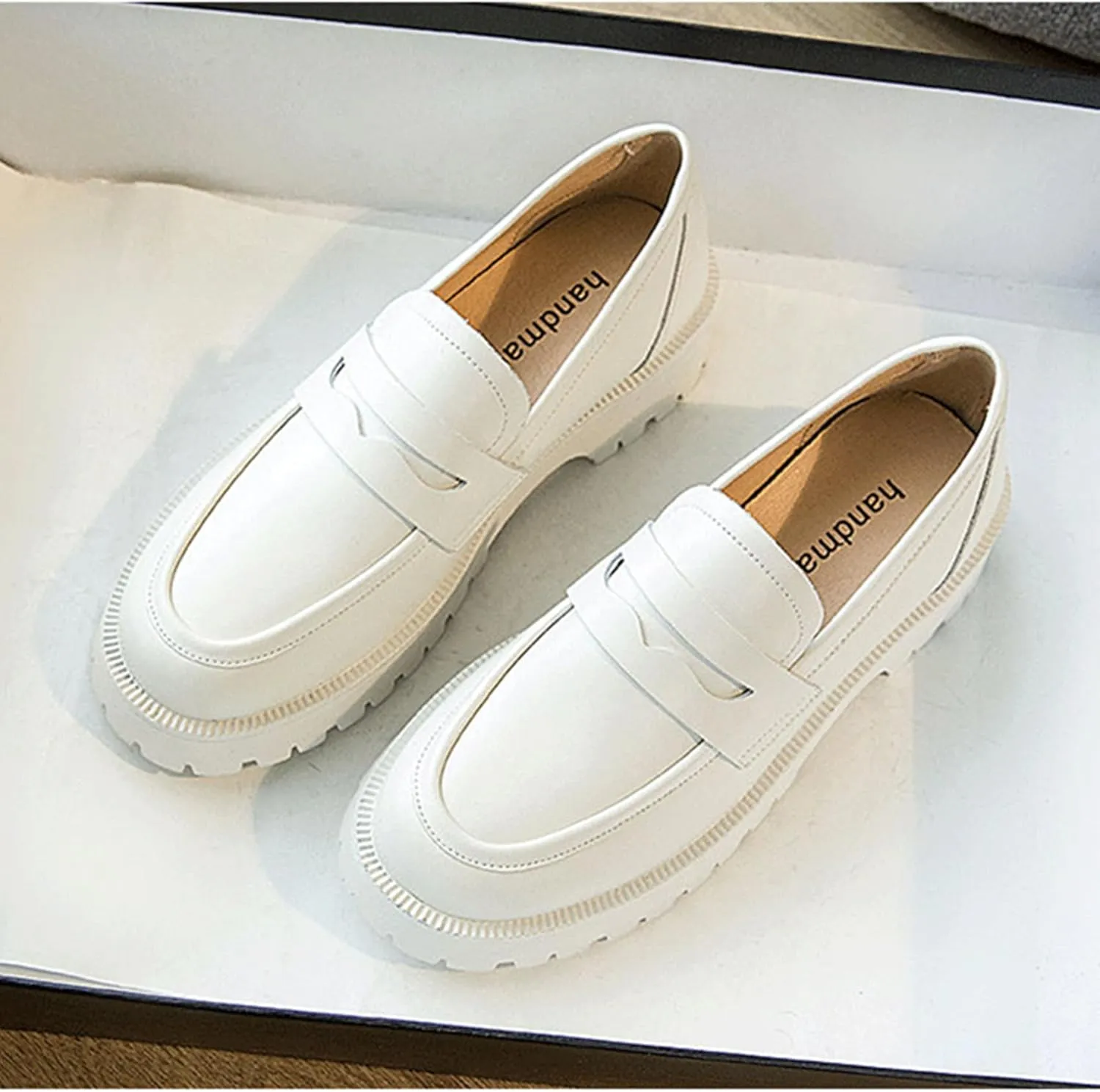 Womens Lug Sole Platform Mid Chunky Heel Loafers Classic Round Toe Slip On Office Uniform Oxfords Shoes