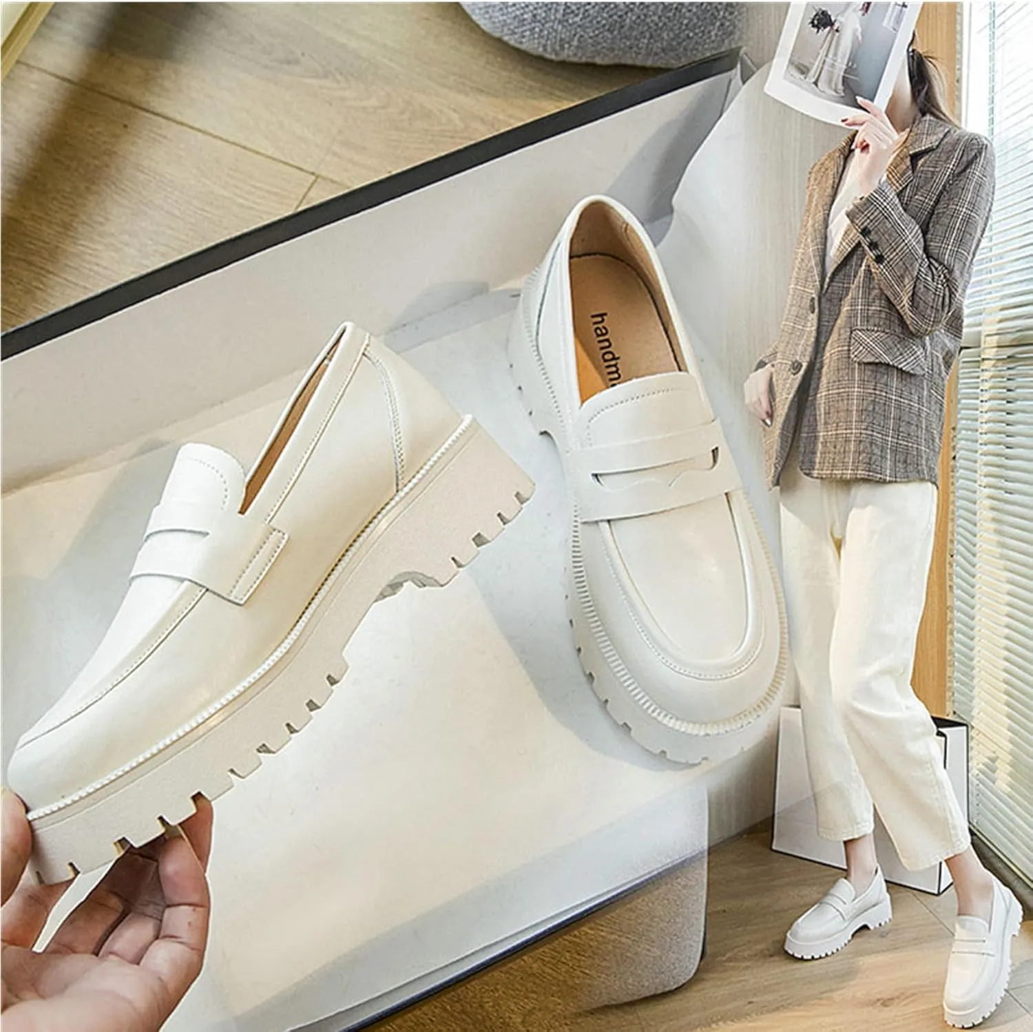 Womens Lug Sole Platform Mid Chunky Heel Loafers Classic Round Toe Slip On Office Uniform Oxfords Shoes