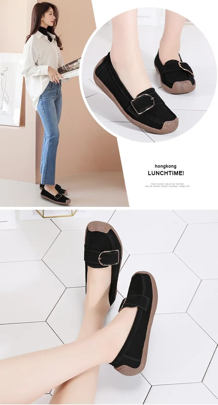 Women's Moccasins Cute Fashion Belt Buckle Decorated Low Top Round Toe Shoes Orthopedic Sandals, Cute Casual Comfortable Lightweight Slip on Shoes, Female Solid All-Match Loafers for Everyday Wear