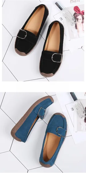 Women's Moccasins Cute Fashion Belt Buckle Decorated Low Top Round Toe Shoes Orthopedic Sandals, Cute Casual Comfortable Lightweight Slip on Shoes, Female Solid All-Match Loafers for Everyday Wear