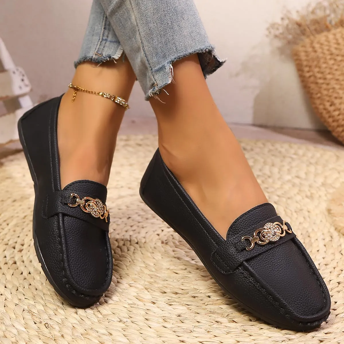 Women's Moccasins Cute Fashion Chain Decorated Low Top Round Toe Shoes Orthopedic Sandals, Cute Casual Comfy Lightweight Slip on Shoes, Female Solid All-Match Loafers for Birthday Gifts for Mum