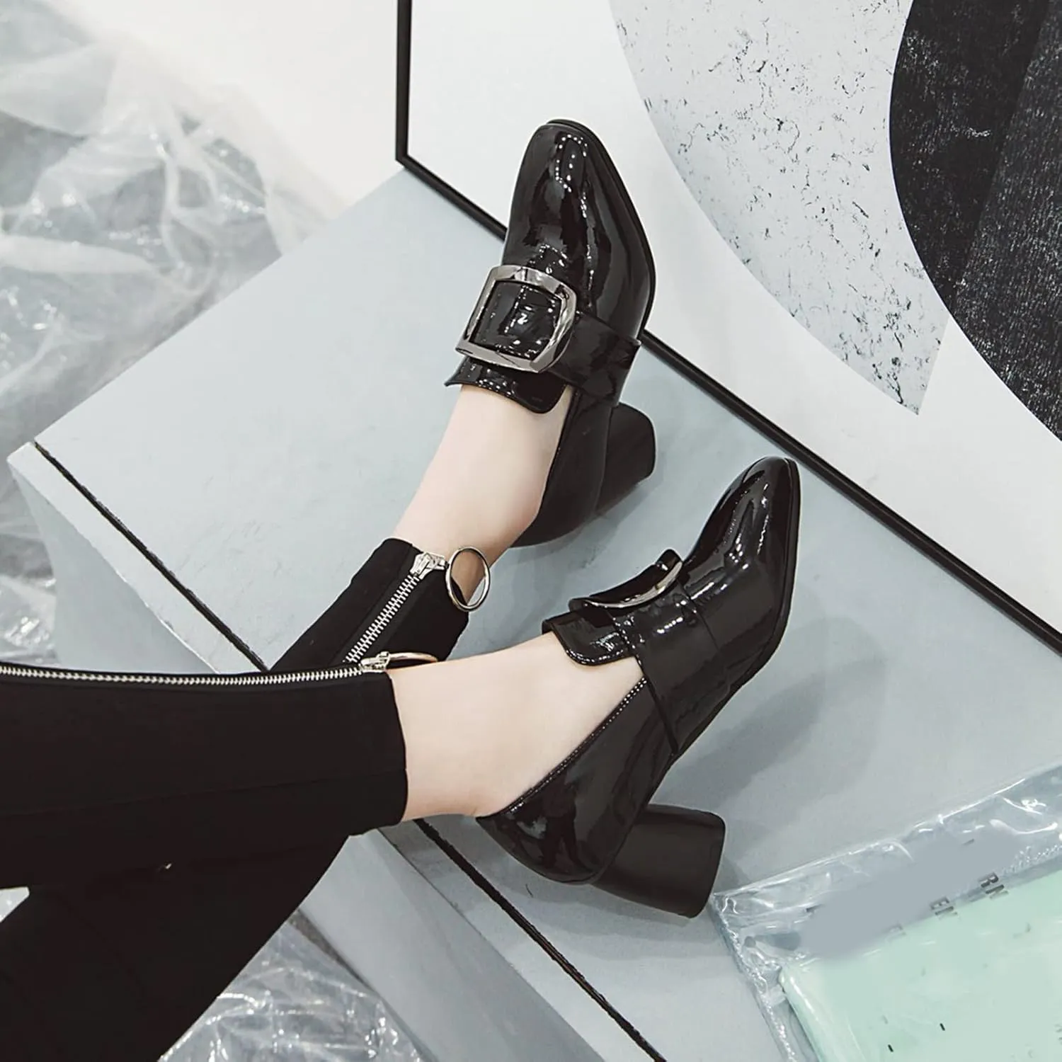 Womens Slip On Loafer Pumps Chunky Heels Stylish Square Buckle Comfort Casual Dress Oxford Shoes