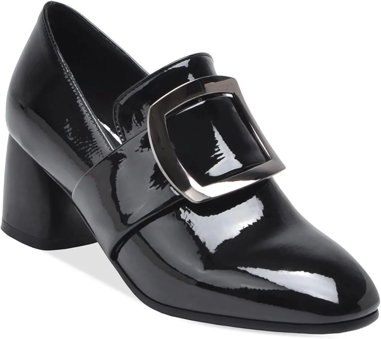 Womens Slip On Loafer Pumps Chunky Heels Stylish Square Buckle Comfort Casual Dress Oxford Shoes