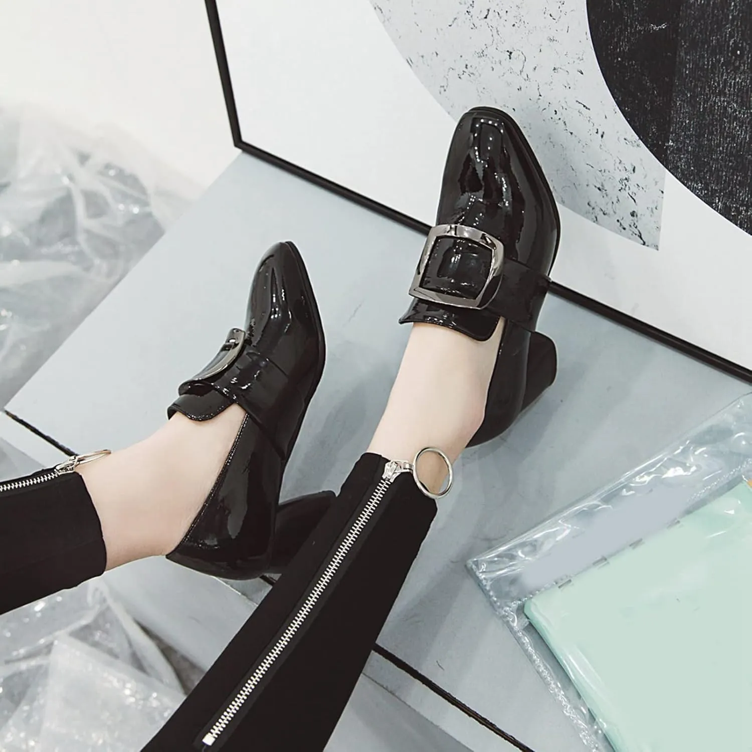 Womens Slip On Loafer Pumps Chunky Heels Stylish Square Buckle Comfort Casual Dress Oxford Shoes