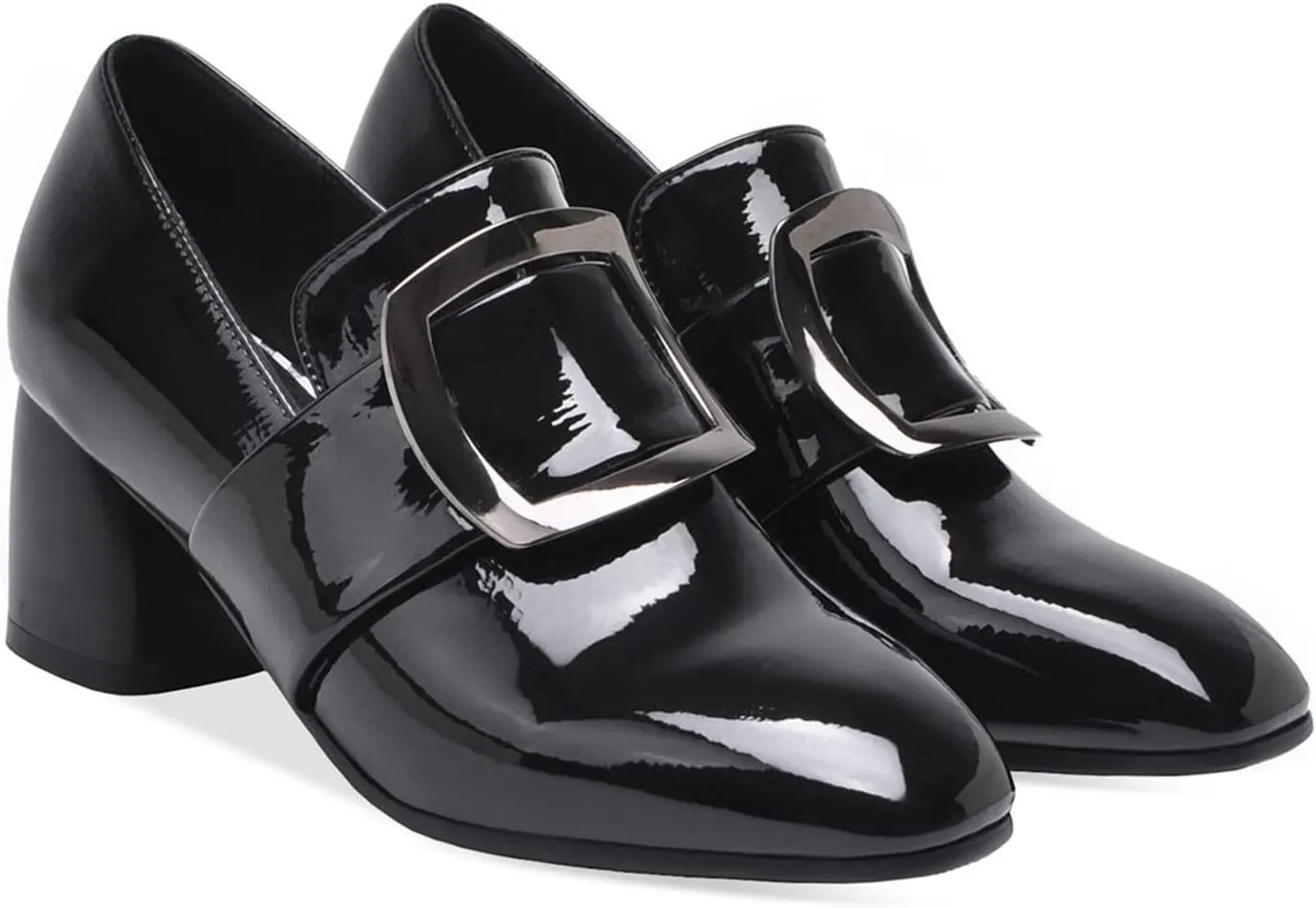 Womens Slip On Loafer Pumps Chunky Heels Stylish Square Buckle Comfort Casual Dress Oxford Shoes