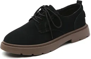 Women's Suede Lace-Up Thick-Sole Oxford Shoes Retro Round Toe Non-Slip Lug Sole Chunky Heel Derby Oxford Shoes Classic Business Work Dress Shoes
