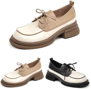 Women's Thick-Soled Oxford Shoes Stylish and Comfortable Round-Toed Chunky Heel Lace-up Loafers Classic Retro Office Uniform Formal Shoes