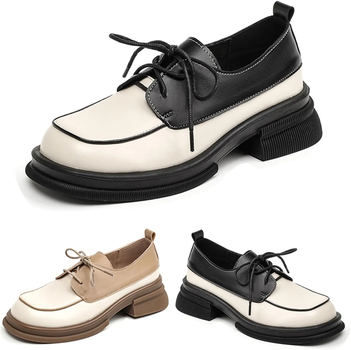 Women's Thick-Soled Oxford Shoes Stylish and Comfortable Round-Toed Chunky Heel Lace-up Loafers Classic Retro Office Uniform Formal Shoes