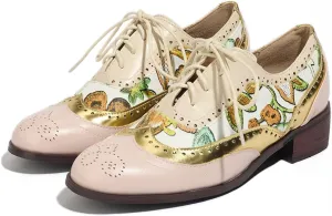 Women's Vintage Wingtip Lace-Up Oxford Shoes Floral Embroidered Leather Brogues Low Heel Retro Saddle Shoes